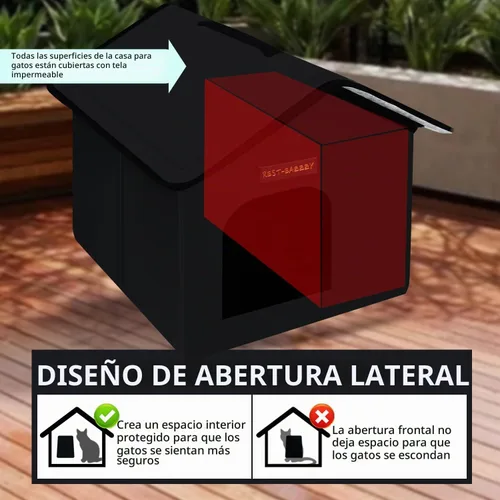 Vista 3 de Rest-Eazzzy Casa para gatos al aire libre, resistente a la intemperie y aislada, con alfombrilla y toldo, fácil de poner, refugio para gatos Negro