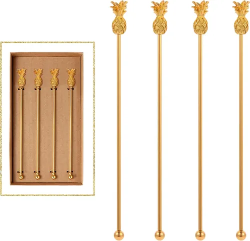 Vista 10 de 4 piezas de agitadores de cóctel Bumble Bee, varillas de acero inoxidable de 19 cm con parte superior decorada en oro para mezclar cócteles