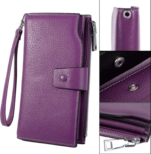 Vista 4 de YALUXE Cartera de piel auténtica para mujer, con bloqueo RFID, tarjetero múltiple con bolsillo para teléfono celular
