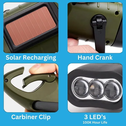 Vista 3 de Emblem OD linterna solar con manivela, linterna de emergencia recargable LED para supervivencia con dinamo, manivela y clip de mosquetón. Recargable