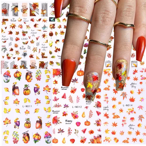 Vista 7 de 6 calcomanías de arte de uñas de otoño, calcomanías de uñas con láser 3D, calcomanías brillantes para uñas, diseño de hojas de arce doradas