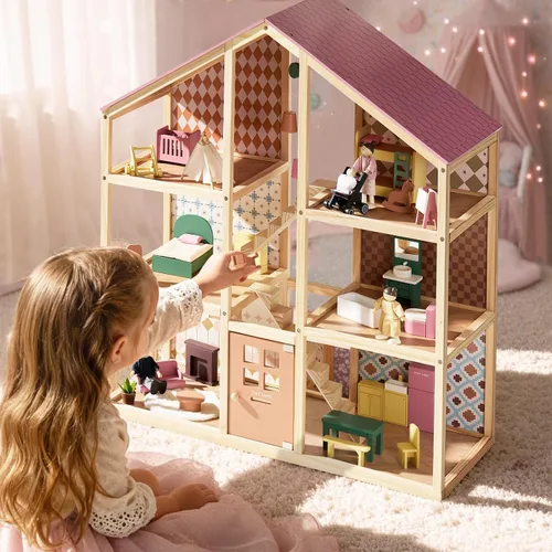 Vista 7 de Tiny Land Casa de muñecas de madera para niñas, casa de muñecas de madera de 6 habitaciones, casa de muñecas de bricolaje con 31 accesorios de Rosa