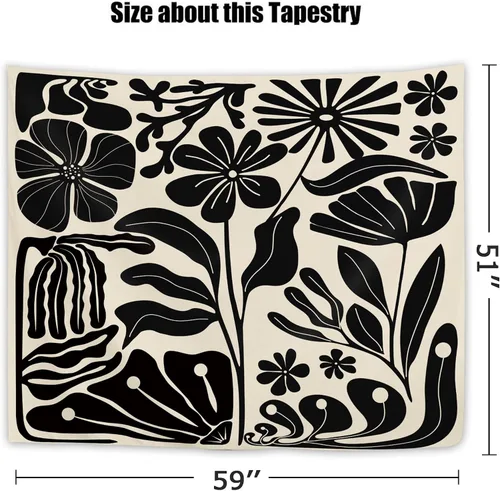 Vista 4 de Yookeb Tapiz negro de flores de Matisse de 59 pulgadas de ancho por 51 pulgadas de alto, para colgar en la pared, hojas abstractas, vintage, arte