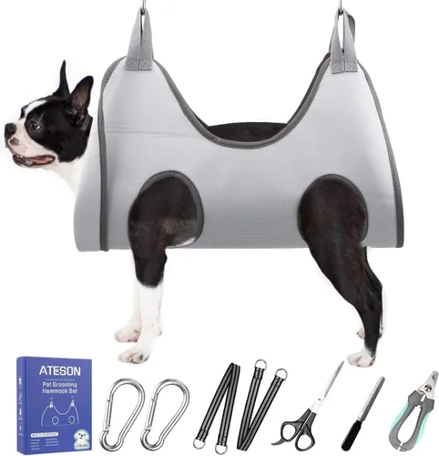 Vista 22 de Hamaca de aseo para mascotas para perros y gatos pequeños – Eslinga para recortar uñas con cortaúñas, lima de uñas y tijeras – Arnés de aseo
