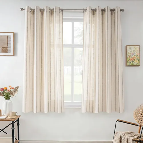 Vista 81 de DriftAway Cortinas de estilo granja con rayas verticales de lino mezclado texturizado con filtro de luz semitransparente para sala de estar