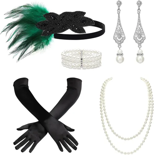Vista 19 de BABEYOND - Accesorios estilo 1920s, Set de accesorios para disfraz Gatsby de los años 20s, diadema Flapper, collar de perlas, guantes, soporte