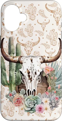 Vista 23 de Western Boho Chic Longhorn Bull Skull Cactus Beige Pattern Case for iPhone 17