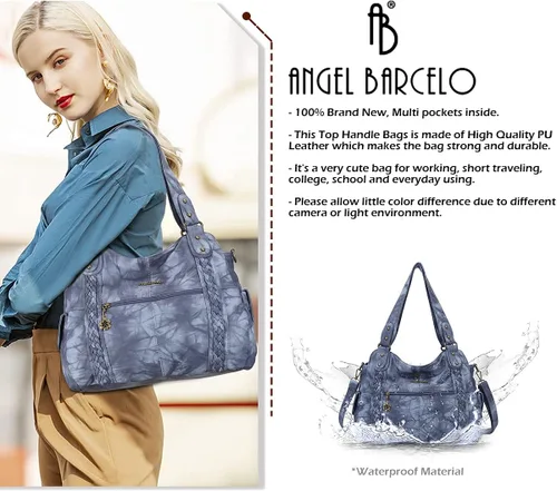 Vista 5 de Angel Barcelo - Bolsa de hombro amplia para mujer, diseño Hobo, cuero lavado