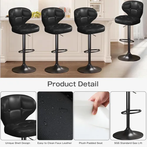Vista 4 de Juego de 2 taburetes de bar, taburetes de bar giratorios ajustables con respaldo, sillas de bar de altura de mostrador con reposapiés, asiento Negro