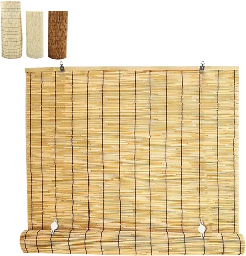 Vista 8 de Cortina enrollable de bambú para patio, persianas romanas de bambú inalámbricas con 65% de protección UV, persianas de bambú filtrantes de luz