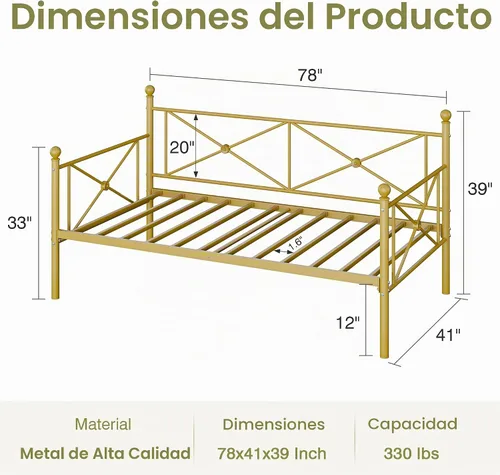 Vista 5 de VECELO Marco de cama de día con cabecero, plataforma de soporte de listones de metal resistente para sala de estar, habitación de invitados, fácil