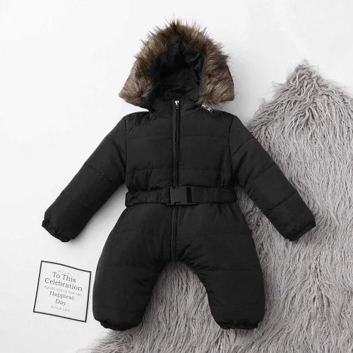 Vista 4 de TBUIALL Mono de invierno para niño, abrigo cálido para bebé, niña, chaqueta con capucha, trajes gruesos para niños, pantalones de nieve para niños