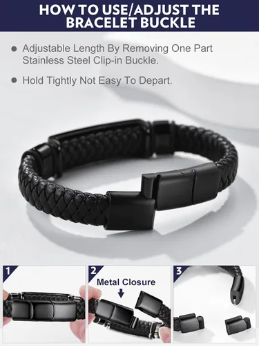 Vista 8 de Bandmax Pulsera trenzada de cuero negro para hombre con colgante gótico punk, pulsera de cuero con hebilla de acero inoxidable, paquete de regalo