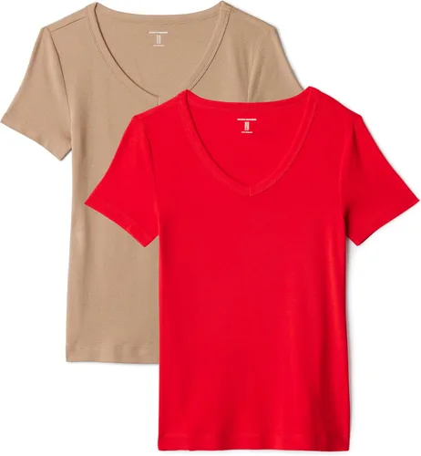 Vista 19 de Amazon Essentials Camiseta ajustada de manga corta con cuello en V para mujer, paquete de 2 Negro