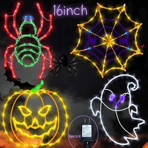 Vista 9 de Decoraciones de Luces de Siluetas para Ventana de Halloween de 16" - Paquete de 6 Colores Iluminados Gato en Luna y Fantasma y Telaraña y Calabaza