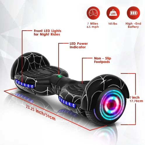 Vista 2 de Hoverboard con patrón de araña para niños de 6 a 12 años, con altavoz Bluetooth y luces LED, tabla deslizante de 6.5 pulgadas, certificado