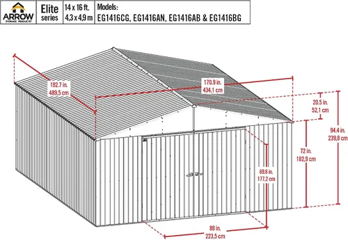 Vista 2 de Arrow Shed Elite - Cobertizo de almacenamiento de acero para exteriores de 14 x 16 pies de alto con puertas altas y puertas con cerradura