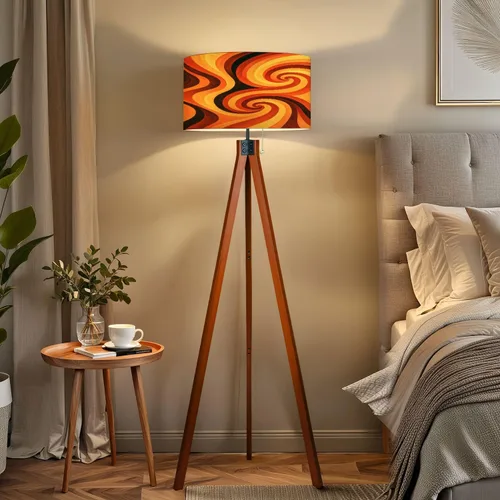 Vista 5 de Trípode de madera, lámpara de pie con diseño de remolino, psicodélico, Groovy, estilo de los años 70, estilo de mediados de siglo, naranja, retro