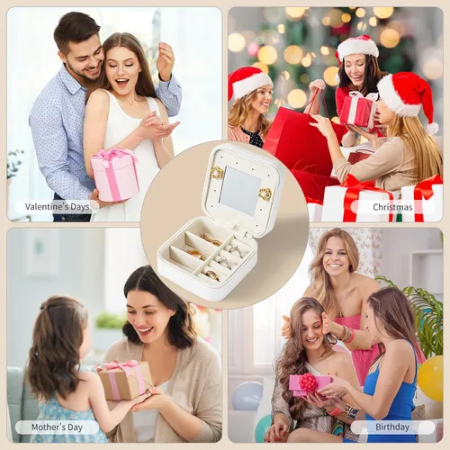 Vista 6 de Vee - Caja pequeña de joyería de viaje, mini organizador de joyas con espejo, caja de joyería portátil para aretes, anillos, collares, pulseras