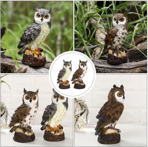 Vista 5 de YARDWE Estatuas de búho y animales del bosque, 2 piezas, decoración de micro paisaje, escultura de búho, animales de jardín para jardín, paisaje