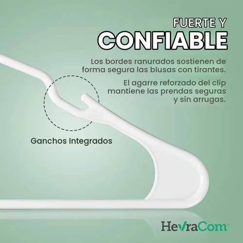 Vista 8 de HevraCom Paquete de 50 perchas de plástico color blanco, resistentes y duraderas, antideslizantes, perchas para armario, ahorro de espacio
