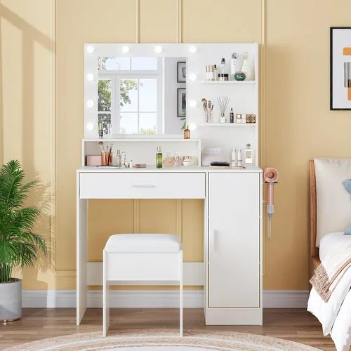 Vista 8 de GarveeHome Tocador con espejo, iluminación ajustable de tres niveles, incluye cajón, toma de corriente y taburete, tocador compacto para dormitorios