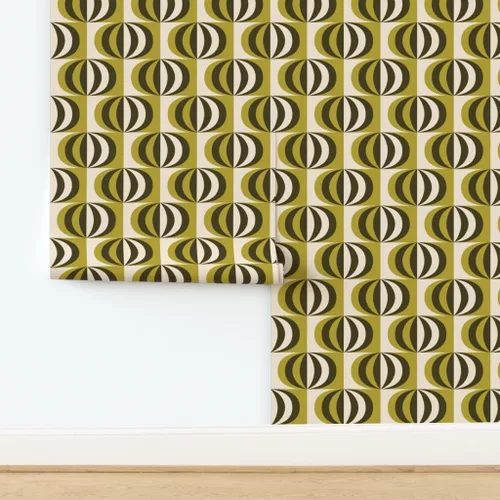 Vista 4 de Muestra de papel tapiz extraíble, rayas de mediados de siglo, color verde oliva, negro, blanco, círculos geométricos modernos de mediados de siglo