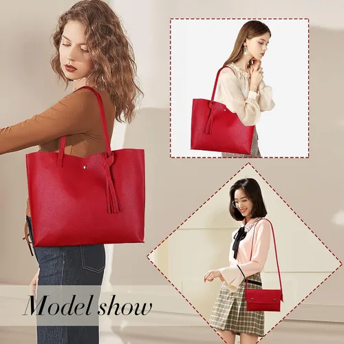 Vista 6 de Bolso de hombro de piel sintética para mujer, bolso de mano con borla de gran capacidad