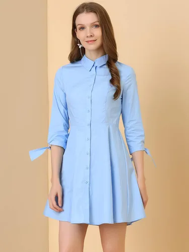 Vista 2 de Allegra K Vestido camisero de algodón con botones y cuello vuelto para mujer