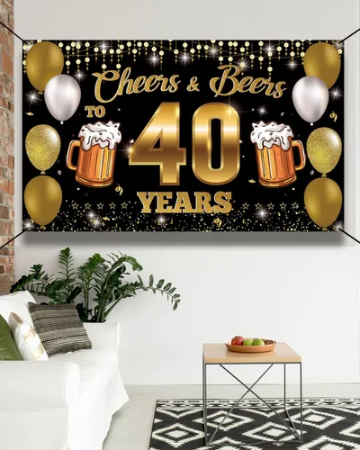 Vista 4 de Pancarta de fondo con texto en inglés "Cheers to 40 Years", decoración de feliz cumpleaños número 40 para hombres y mujeres, fiesta de cumpleaños