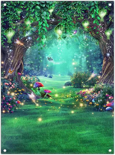 Vista 8 de Telón de fondo de tela de bosque encantado de 5 x 7 pies, cuento de hadas, país de las maravillas, hongos, mariposas, fondo de fotografía
