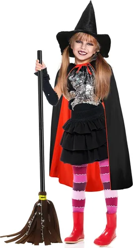 Vista 5 de Boyiee 3 piezas de disfraz de bruja para niños, capa reversible, sombrero de mago, escoba de mago, capa de vampiro para carnaval, Mardi Gras, Día