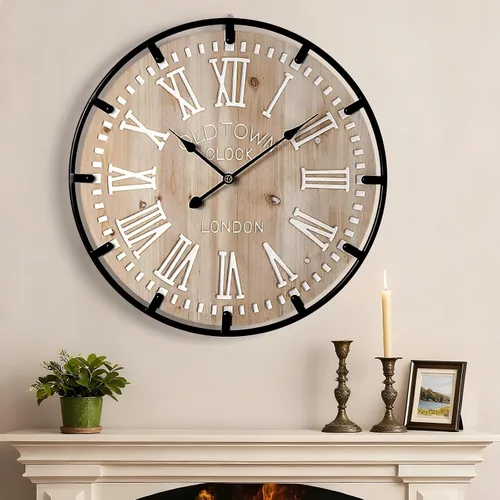 Vista 10 de Vantic Farmhouse - Reloj de pared decorativo extra grande de 24 pulgadas con círculo de metal, reloj de pared de madera de gran tamaño con número