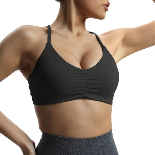 Vista 3 de Aoxjox Brasier deportivo de entrenamiento para mujer, camiseta sin mangas con espalda cruzada, fruncida, con relleno, para yoga