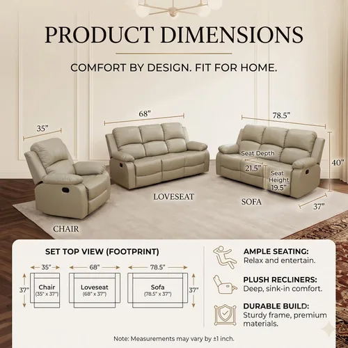 Vista 2 de Juego de sofá reclinable manual de 3 piezas, juego de muebles de sala de estar de tela beige con sofá reclinable de 3 asientos, sofá biplaza