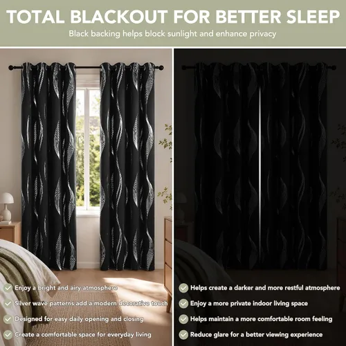 Vista 3 de Deconovo Paneles de cortina opacas con patrón de ondas plateadas, cortinas para sala de estar, ojales blancos, juego de 2 paneles, 52 pulgadas