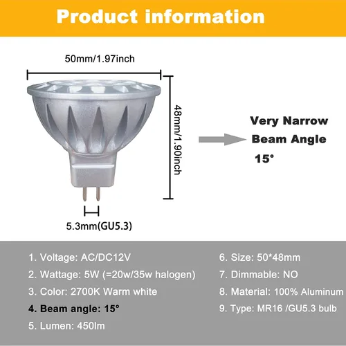 Vista 3 de ALIDE Bombillas LED MR16 de 15 grados, ángulo de haz estrecho de 15°, GU5.3 20 W 35 W equivalente a halógeno, 5 W, 450 lúmenes, 2700 K, blanco