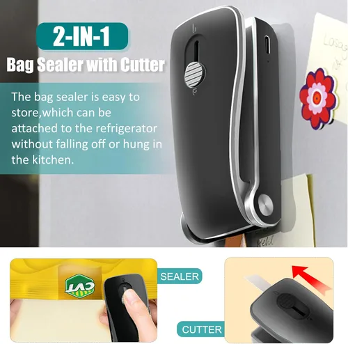 Vista 3 de Mini sellador de bolsas 2 en 1, sellador térmico recargable de bolsas de Negro