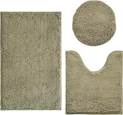 Vista 14 de Juego de 3 alfombras de baño de felpilla ultrasuave, antideslizante y súper absorbente, parte inferior de PVC fuerte, lavable a máquina, para Negro