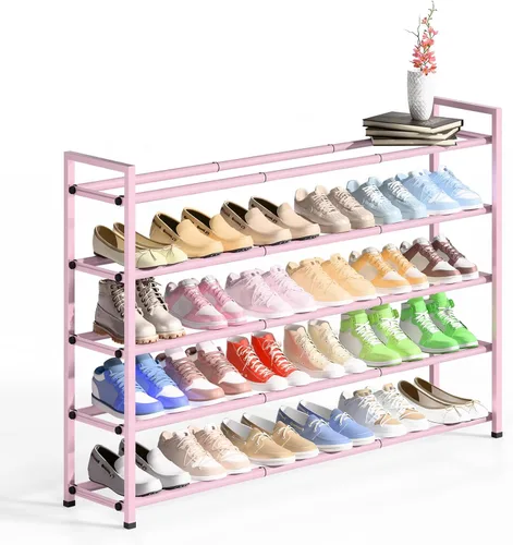 Vista 12 de Bumusty estante de zapatos de 2 niveles largo y expandible para clóset, estante de zapatos ajustable de 46-112 cm para entrada, estante organizador