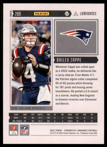 Vista 2 de 2022 Panini Chronicles Luminance Update Rookies #209 Bailey Zappe New England Patriots RC Rookie Card Official NFL Football Card in Raw