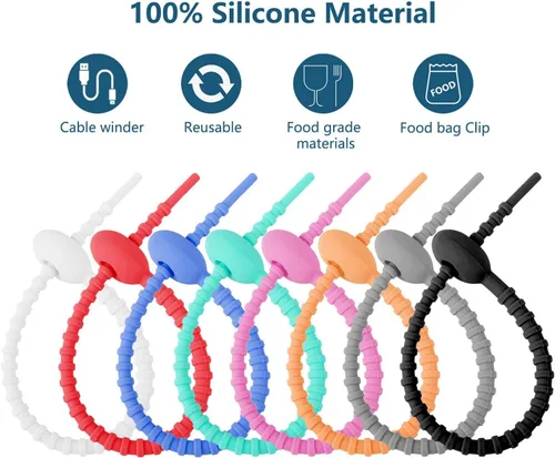 Vista 4 de Bridas de silicona reutilizables coloridas, bridas de cables duraderas, cordones de silicona multiusos (16 unidades)