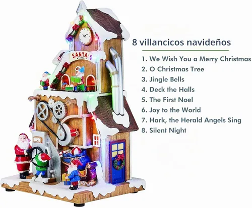 Vista 6 de Santa's Workshop Animado Aldea de Navidad Momentos en el tiempo Luces LED, música y escena en movimiento Pintado a mano Poliresina Edificio
