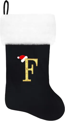 Vista 211 de Calcetines de Navidad bordados de 20 pulgadas con monograma, terciopelo negro con puño de felpa blanca supersuave, adornos clásicos para decoración