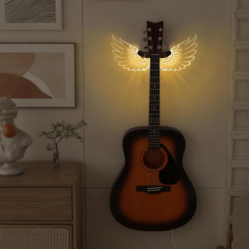 Vista 2 de CoolGift Mart Soporte de Pared para Guitarra con Alas de Ángel Luminosas, Colgador de Guitarra de Madera Acrílica con Alimentación USB