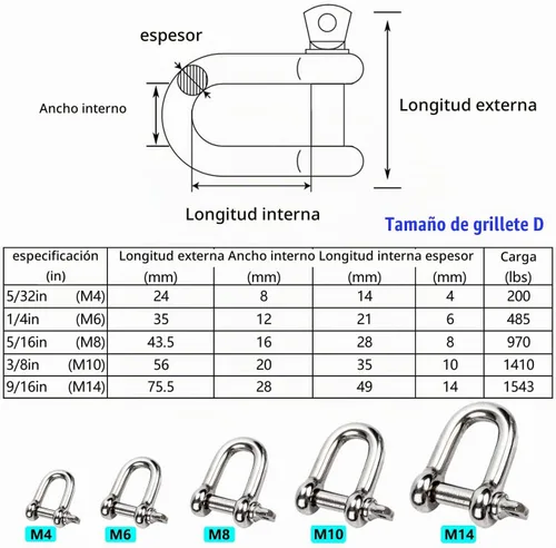 Vista 2 de Grillete en forma de D de acero inoxidable 304 5/32", 1/4", 5/16", 3/8", 9/16", para cadenas, cable de alambre, elevación, camping al aire libre