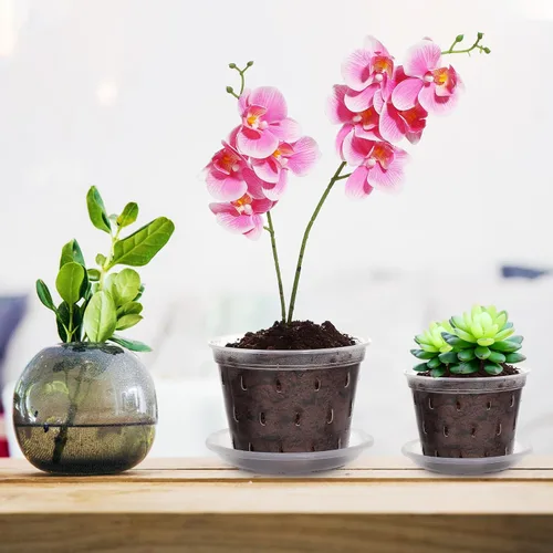 Vista 5 de 3pcs Plastic Orchid Pots and Saucer Set with Drainage Holes