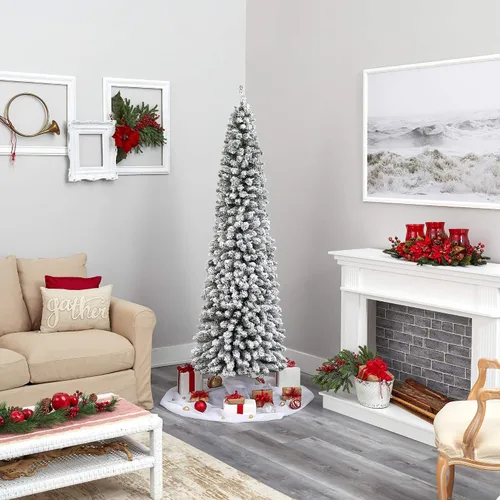 Vista 6 de Nearly Natural Árbol de Navidad artificial de lápiz flocado de 7 pies con 574 ramas flexibles