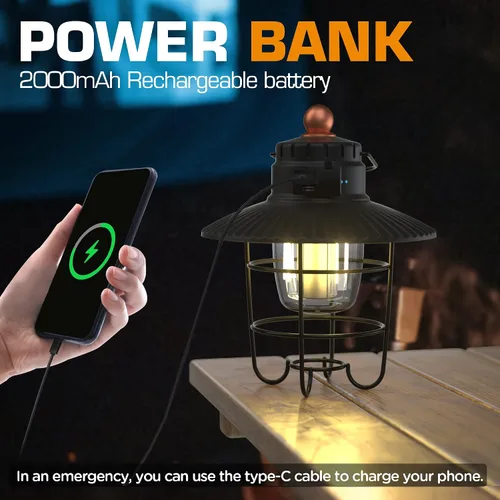 Vista 4 de Linterna de camping LED EverBrite, linterna recargable USB C con 3 modos de luz, linternas vintage para exteriores con función de banco de energía