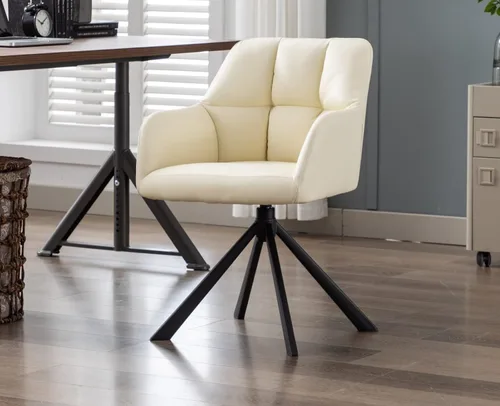 Vista 11 de EALSON Cómoda silla de escritorio de terciopelo moderna para computadora, sin ruedas, silla giratoria con brazo de respaldo medio para sala de Beige